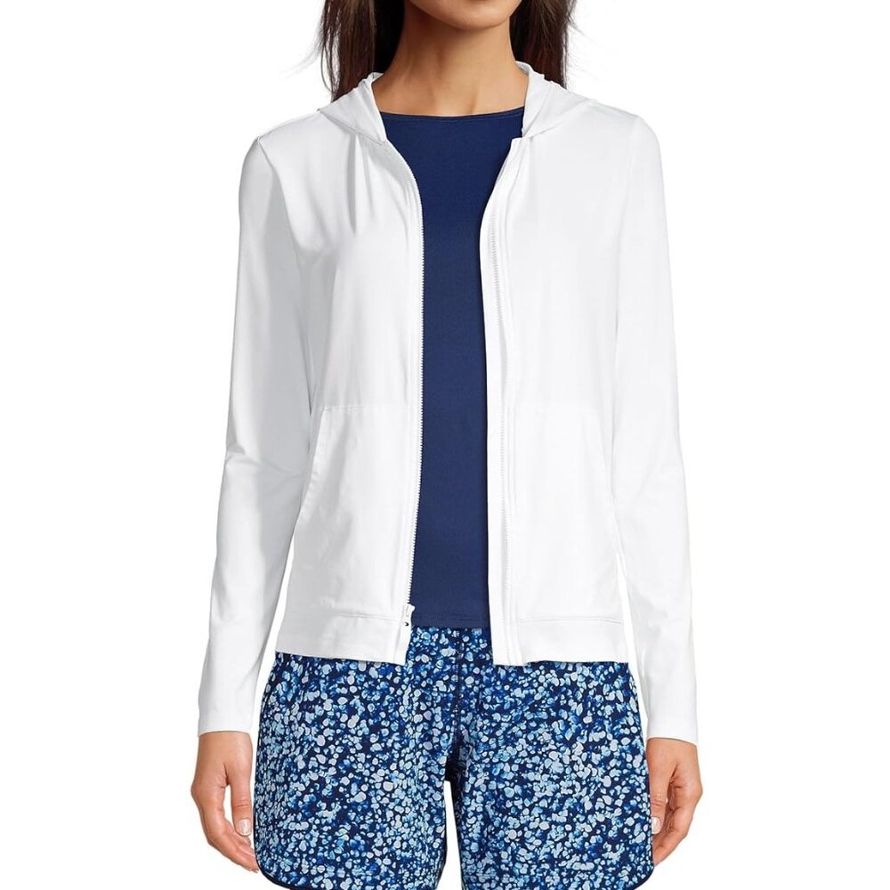NWoT Lands' End Women's Full Zip Hooded UPF50 Rashguard White Size L $60 FR04 - Picture 3 of 4
